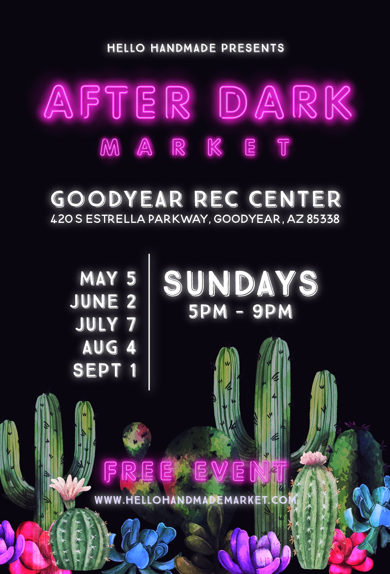 Be a Vendor on Sep 1, 2024 Sunday at Goodyear's After Dark Market at the Goodyear Recreation Center